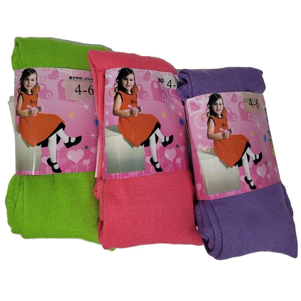 Girl Tights Stockings Long Winter Warm, Kids Size 4-6 Green Pink 3 Pairs, NWT